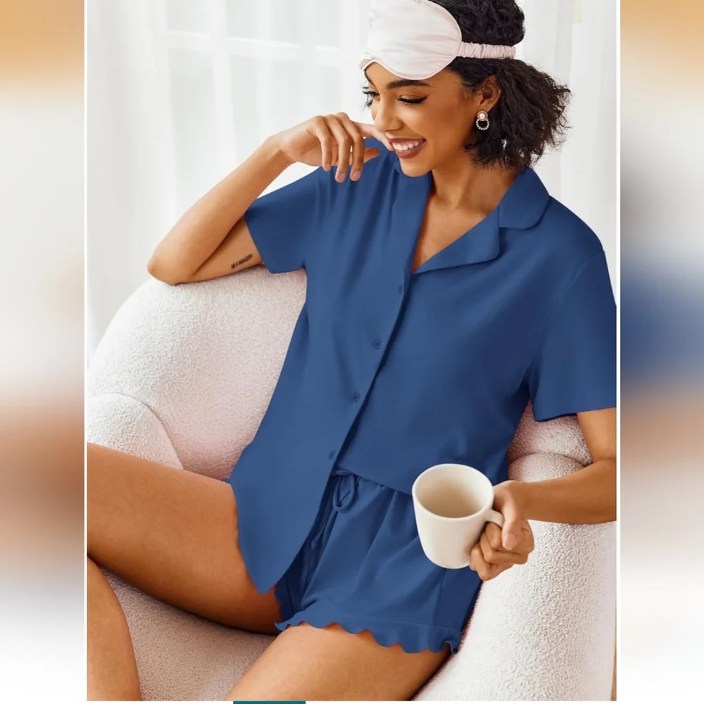 💝NWT Ekouaer Pajamas Set Short Sleeve Sleepwear Button Down Pjs Lounge Set Med - Picture 4 of 7